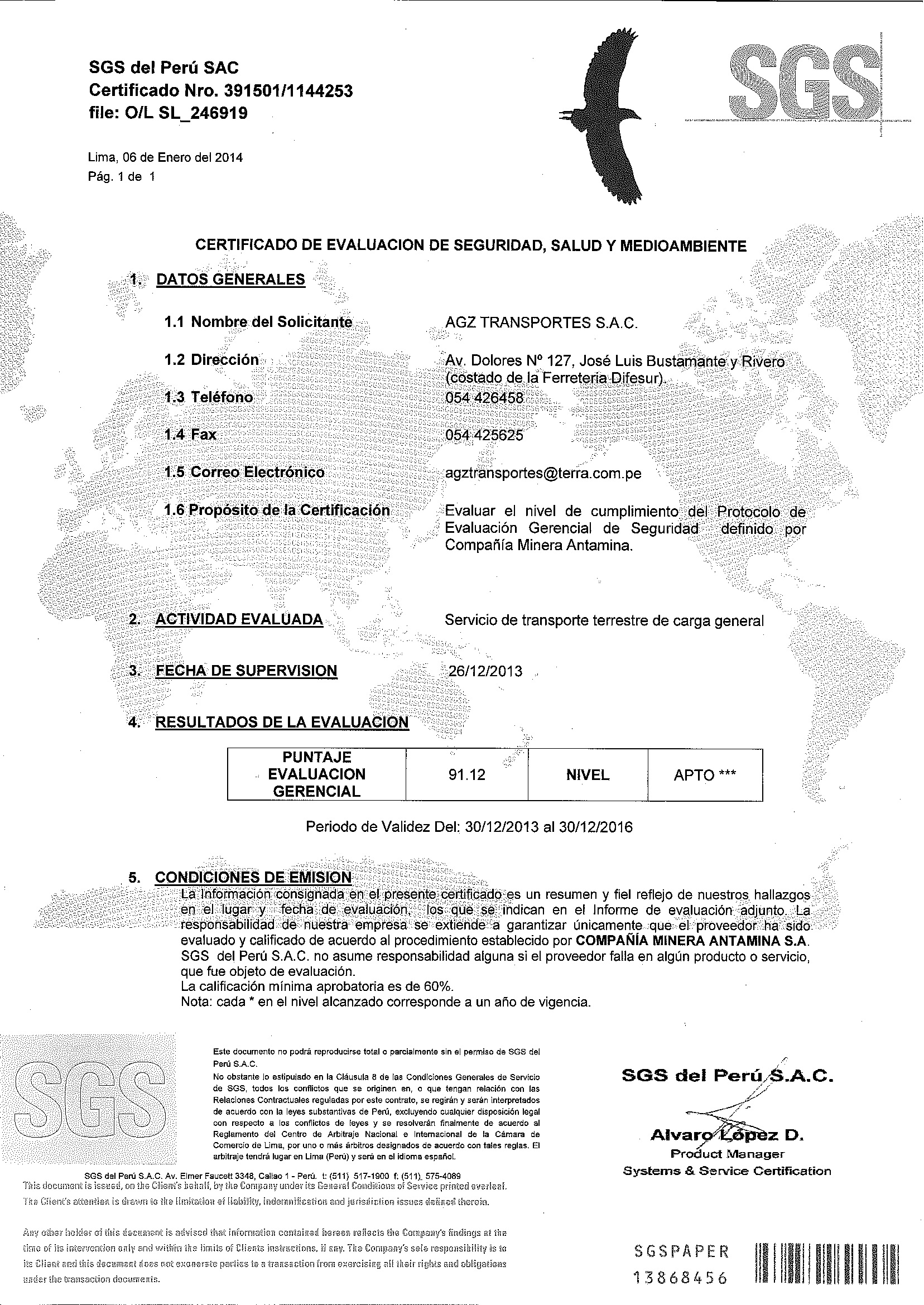 CERTIFICACION DEL GRUPO AGZ TRANSPORTES ECHA POR SGS